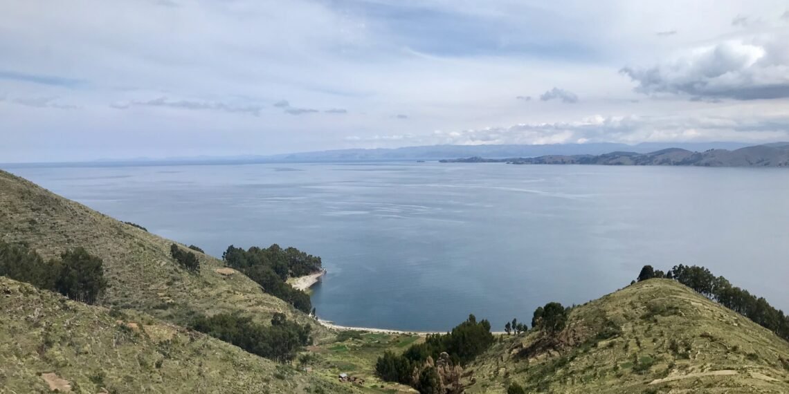 View of Lake Titicaca from a hillside, showing terraced farms, patches of trees, and the Andes Mountains along the distant shore.