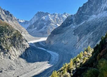 Panoramic view of the Mer de Glace glacier with the French Alps in the background from the Montenvers train station.