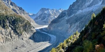 Panoramic view of the Mer de Glace glacier with the French Alps in the background from the Montenvers train station.
