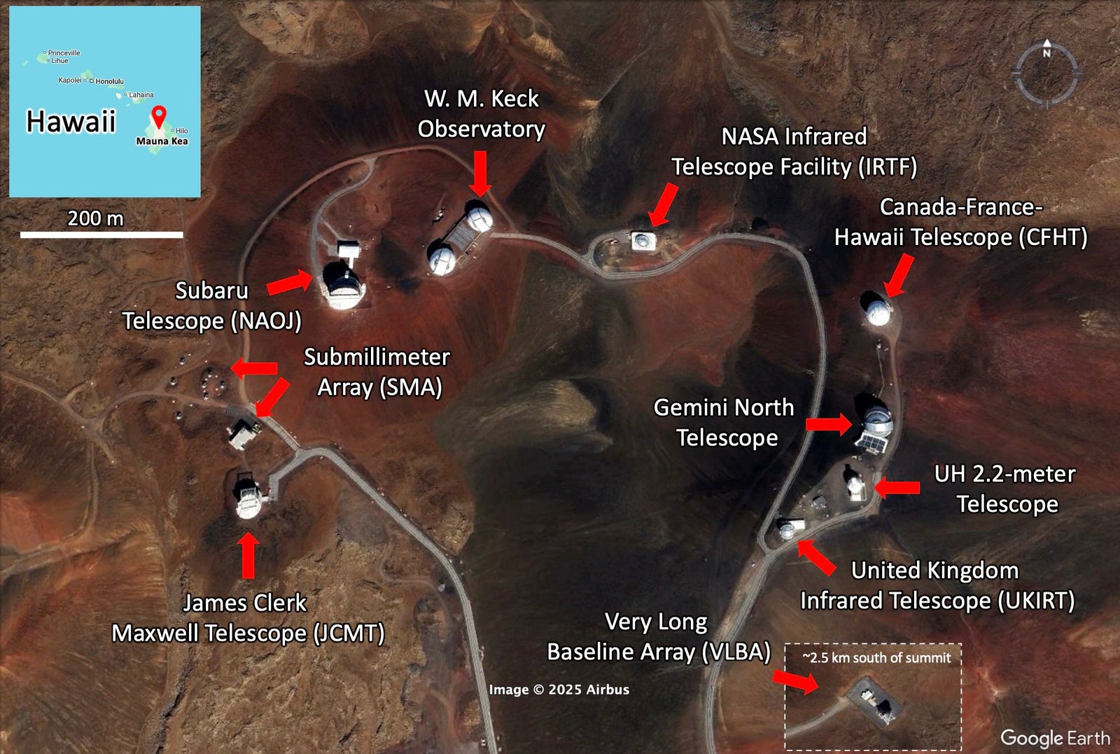 Satellite view of Mauna Kea summit observatories with labels including Keck I and II, Subaru Telescope, SMA, JCMT, CFHT, and NASA Infrared Telescope Facility.