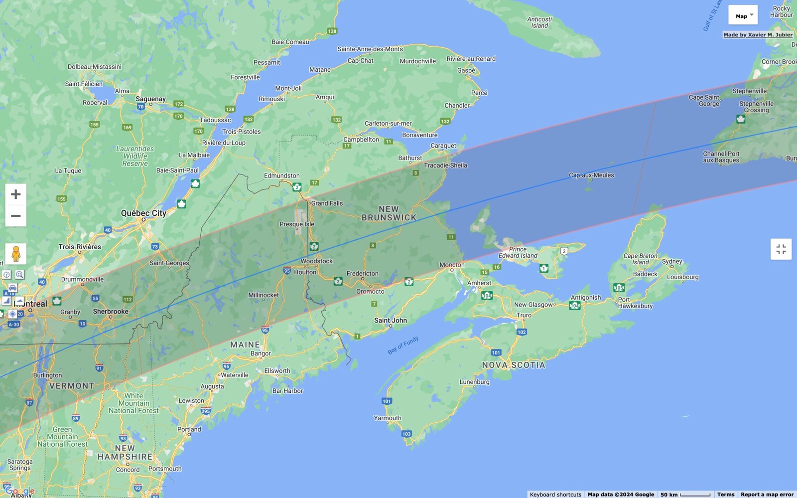 Map of New Brunswick, Canada, displaying the path of totality for the April 8, 2024 solar eclipse. The shaded area marks where totality will occur, with the center line offering the longest duration of over 3 minutes.