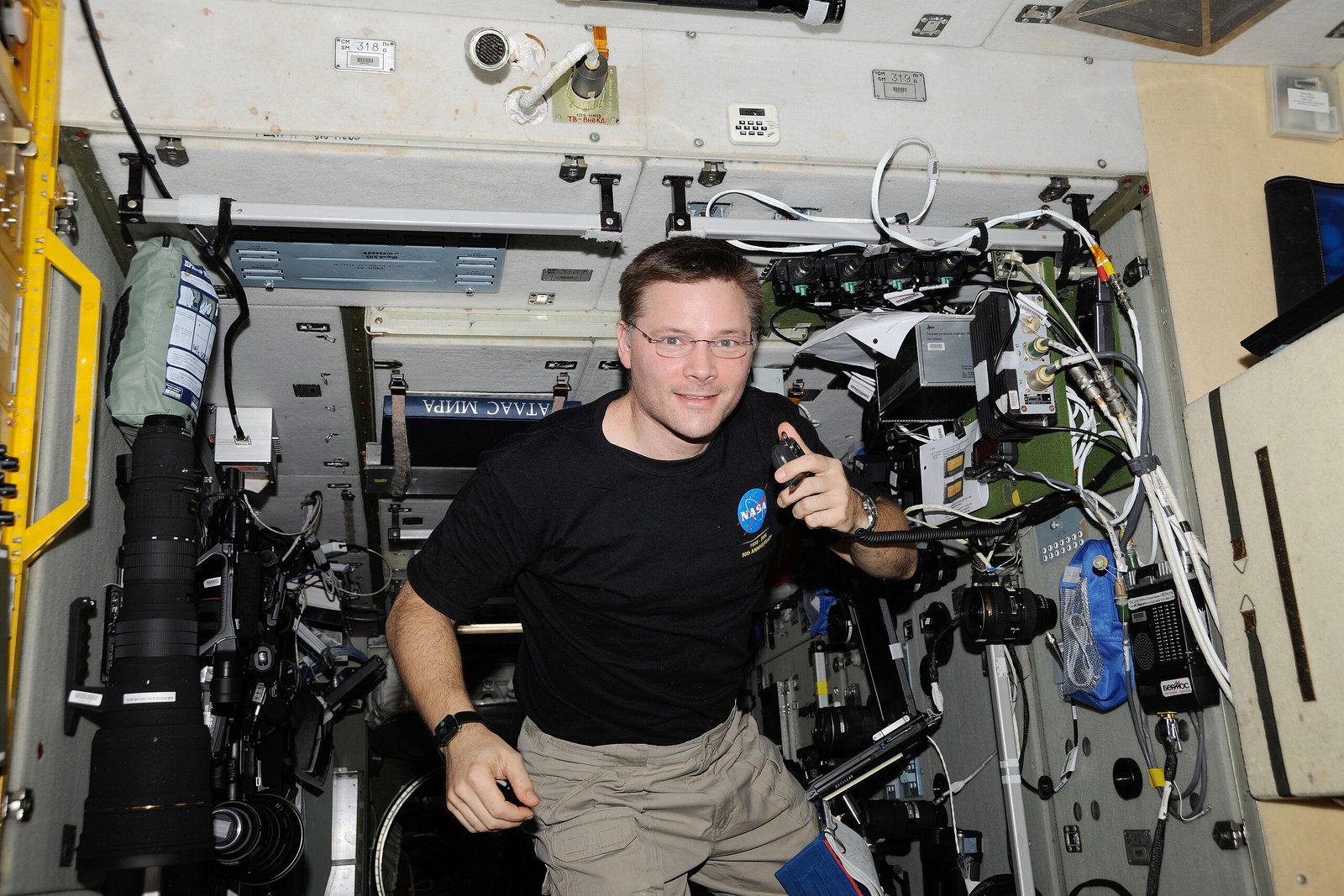 NASA astronaut Doug Wheelock using a ham radio on the International Space Station to connect with ham radio operators on Earth. Photo by NASA, via Wikimedia Commons.