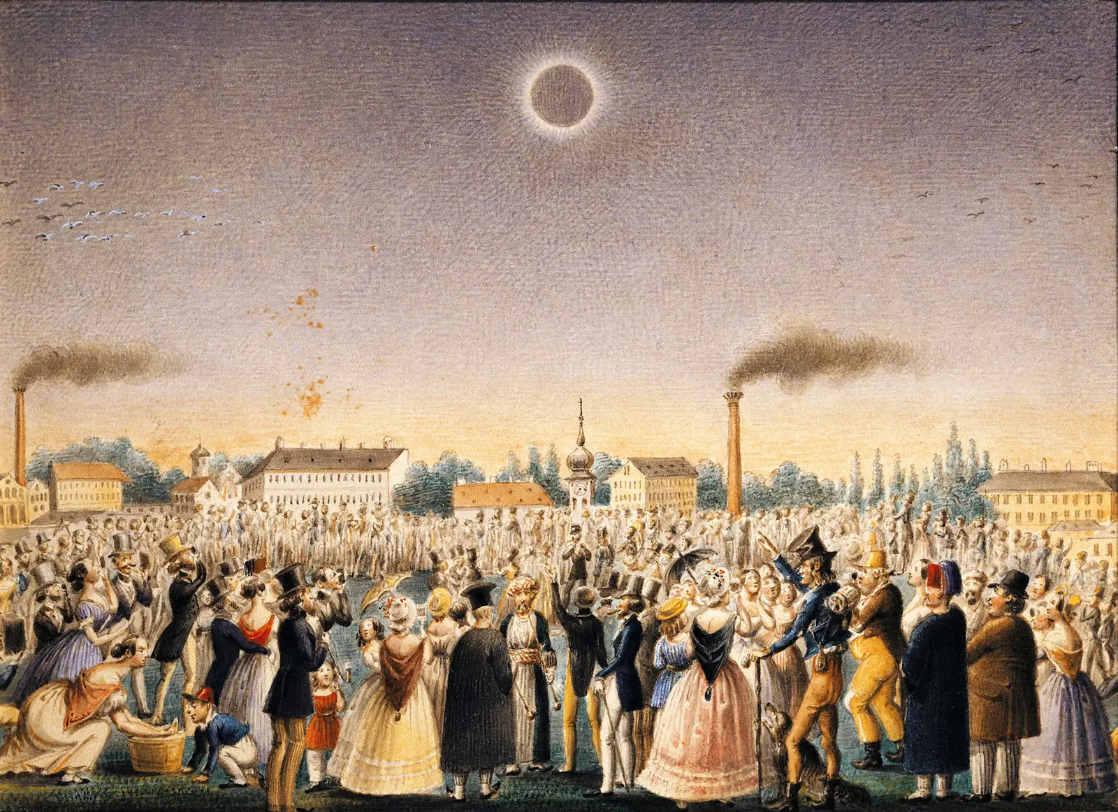 Historical illustration of the 1842 total solar eclipse by Johann Christian Schoeller, showing the darkened sky with the Sun completely obscured by the Moon and the bright corona visible around the edges.