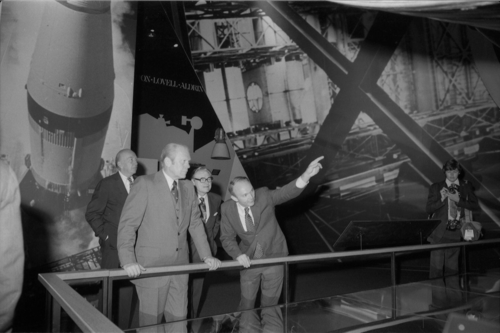 President Gerald Ford with Michael Collins, S. Dillon Ripley, and Vice President Nelson Rockefeller at the National Air and Space Museum opening, July 1, 1976. Credit: Smithsonian Institution Archives.