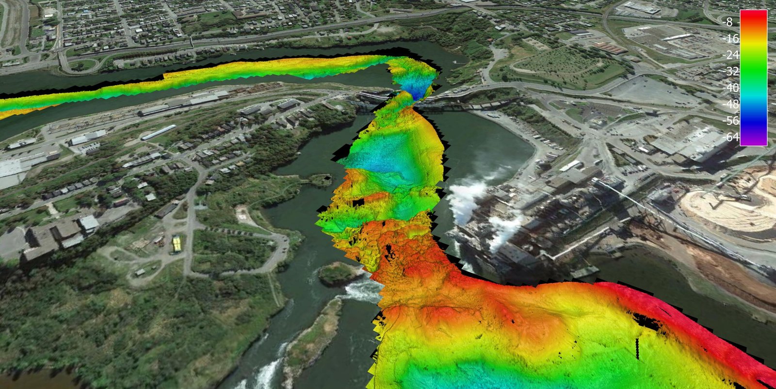 Colour-coded multibeam bathymetry map of the Saint John River at the Reversing Falls in Saint John, New Brunswick, showing underwater contours, ledges, and deep plunge pools.