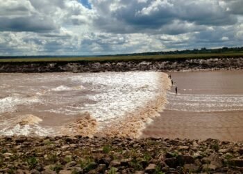 Surfers riding the Moncton tidal bore wave on the chocolate-brown Petitcodiac River beneath partly cloudy summer skies.