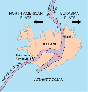 Infographic map of Iceland highlighting the Mid-Atlantic Ridge between the North American and Eurasian tectonic plates, showing volcanic zones near Reykjavik, Thingvellir, and Krafla that fuel geothermal features like Strokkur geyser. Image credit: USGS.
