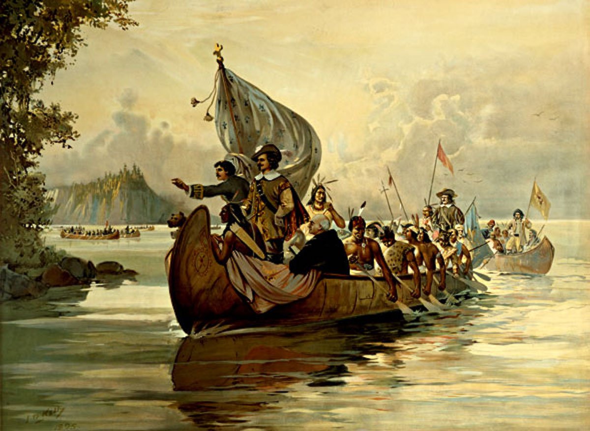 Painting of Samuel de Champlain in a canoe with Indigenous guides and French settlers during his early 1600s explorations of New France.