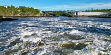 Turbulent whitewater rapids at the Reversing Falls in Saint John, New Brunswick, viewed at low tide with the Reversing Falls Bridge spanning the gorge in the background.