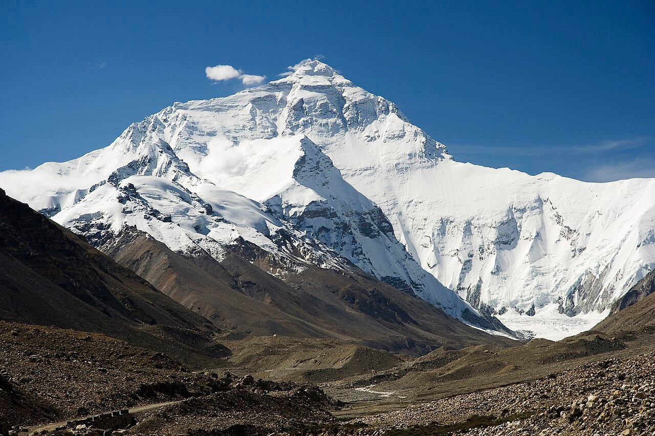 Mount Everest north face from base camp trail—one of the highest places where time slows down due to reduced gravity.
