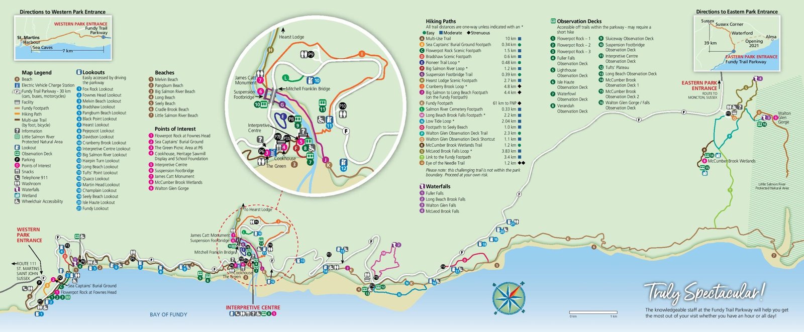 Map of Fundy Trail Provincial Park showing parkway route, lookouts, and hiking trails