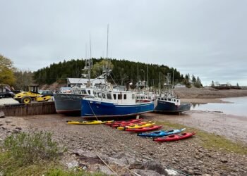 Fishing boats and kayaks rest on the exposed seafloor during a Bay of Fundy tide in St. Martins, New Brunswick, showcasing the region’s extreme tidal range.