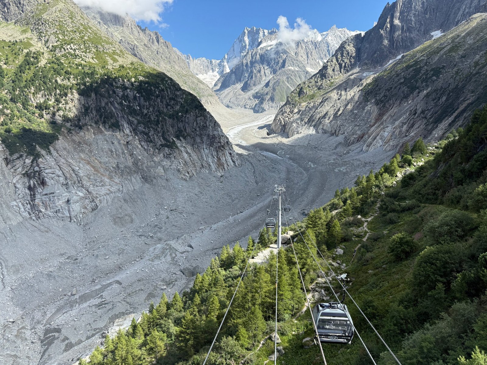 Cable car descending to the Grotte de Glace, with the Mer de Glace glacier winding through a rocky alpine valley in the background.
