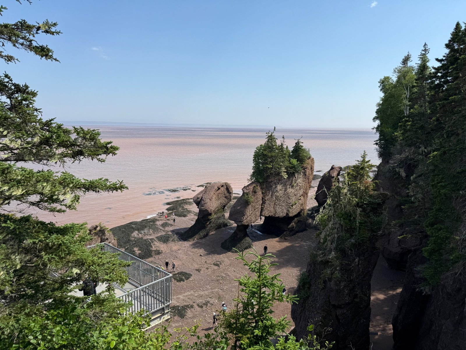 View from the top of the stairs at Hopewell Rocks, showing visitors walking on the ocean floor during the Hopewell Rocks tides at low tide, with the Bay of Fundy in the background.