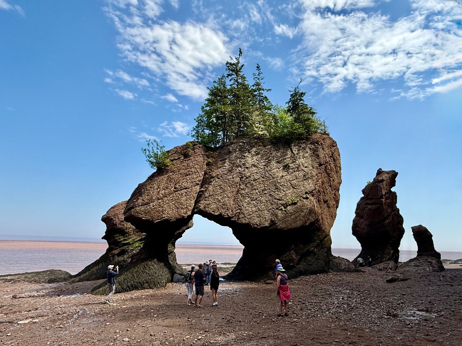 Beach-level view of Hopewell Rocks at low tide, where visitors walk on the exposed ocean floor during the Hopewell Rocks tides.