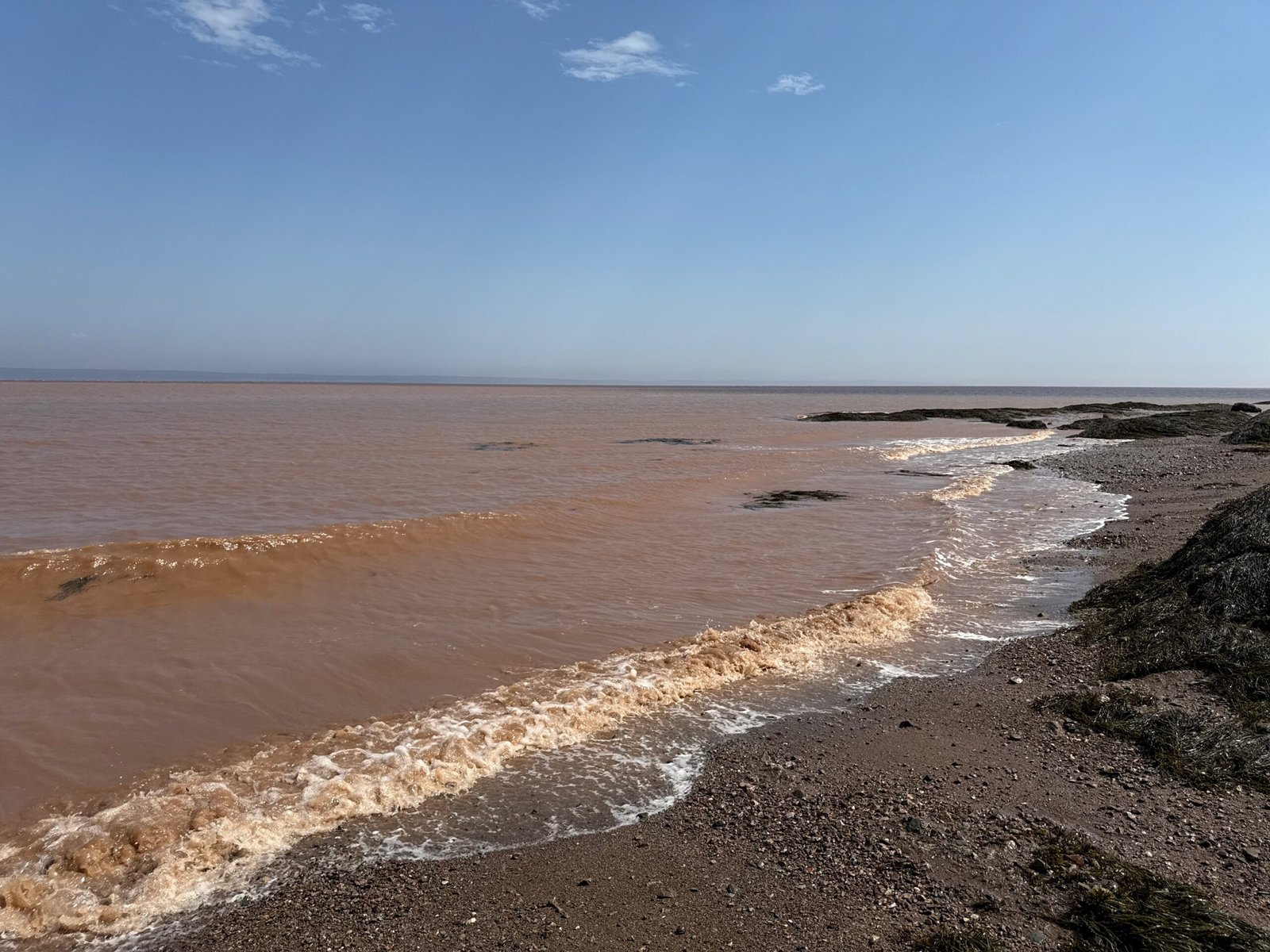 Silty brown water of the Bay of Fundy at low tide during the Hopewell Rocks tides, with waves on a gravel shore and Nova Scotia in the distance.
