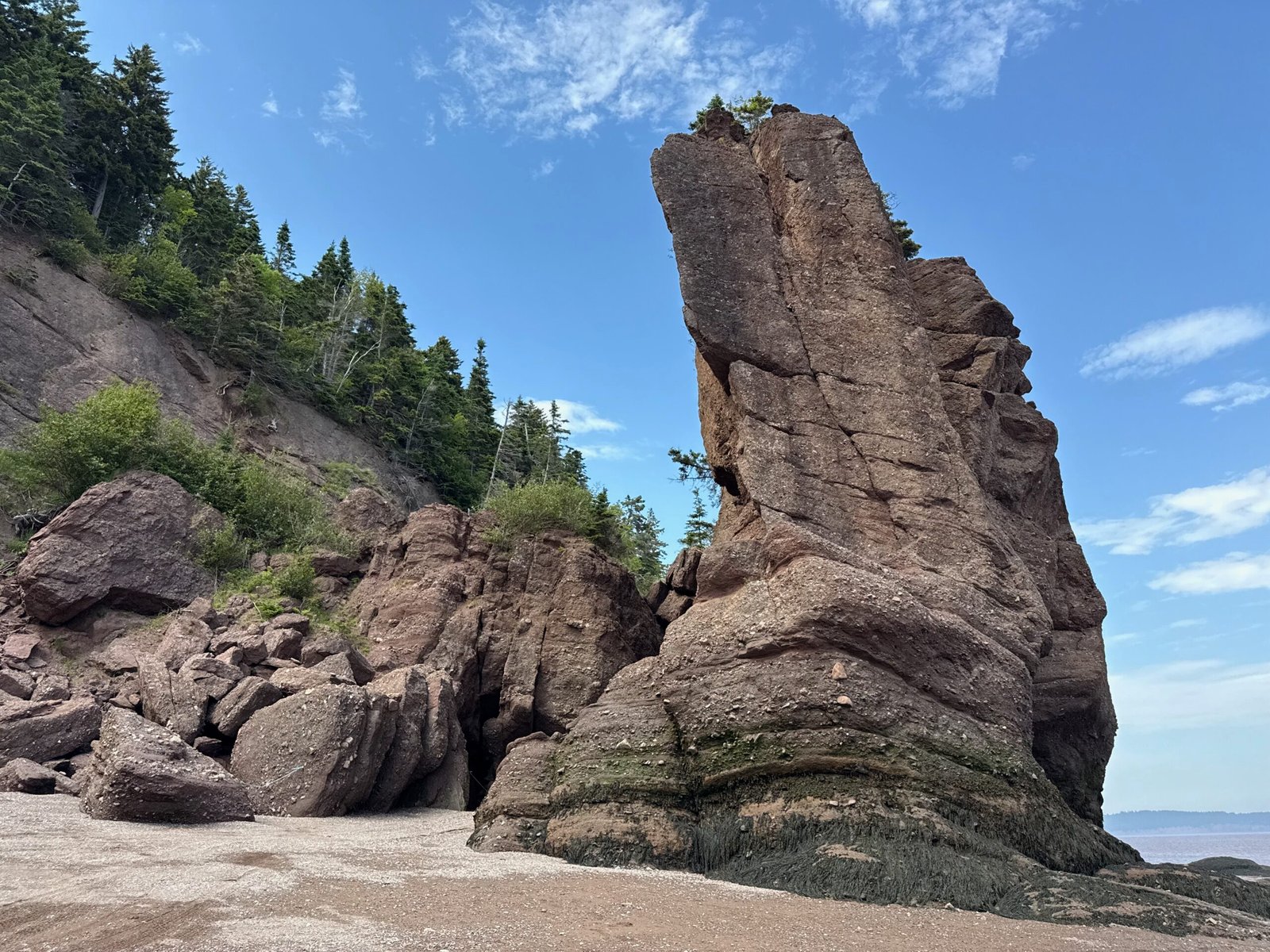 A towering conglomerate rock spire stands along the shore south of the main beach at Hopewell Rocks, framed by forested cliffs at low tide.