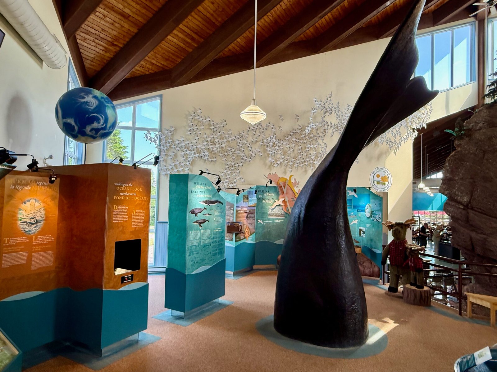 Interior of the Hopewell Rocks Visitor Centre showing educational displays about the park’s geology, tides, and wildlife.
