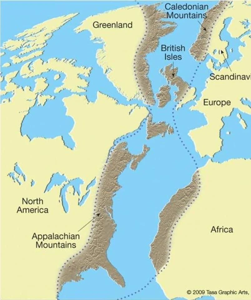 Map showing how the Appalachian Mountains in North America once connected with mountain ranges in Europe and Africa before the breakup of the supercontinent Pangea.