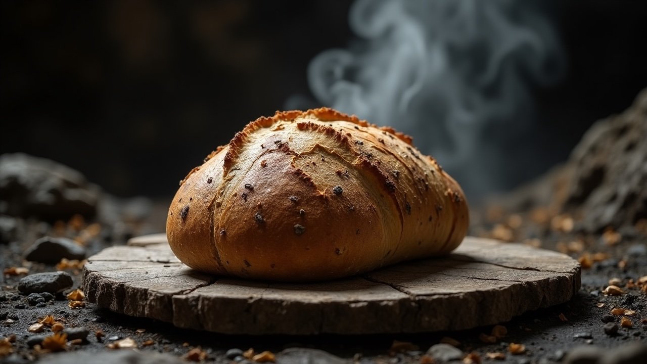 A dense, misshapen loaf of Devonian Air Bread sits steaming on a cracked stone slab, surrounded by scattered ash and volcanic debris.