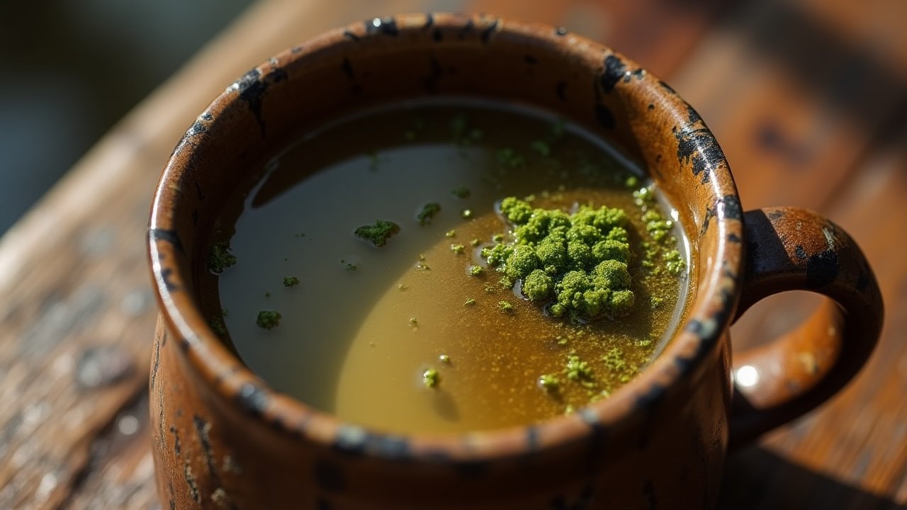 Swamp Water Tea in a rustic mug, with murky greenish-brown liquid and floating microbial mats, inspired by the Devonian Cookbook.