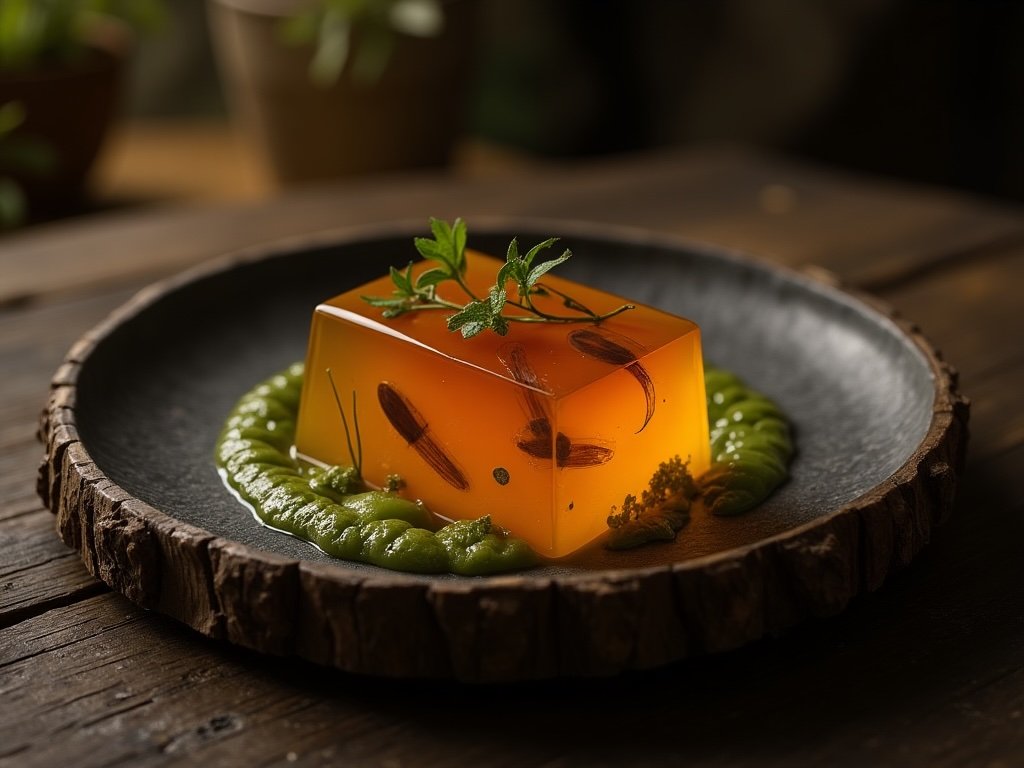 Amber Slab Pudding dessert from the Devonian Cookbook, featuring jelly with insect-like inclusions and algae garnish on a rustic plate.