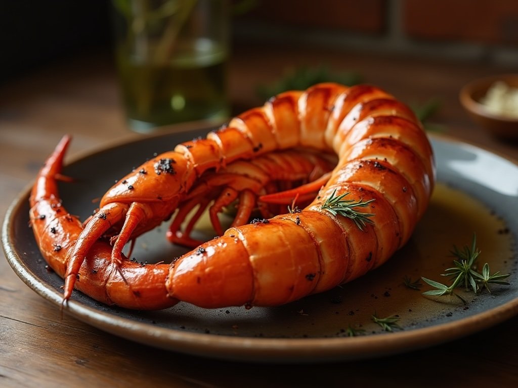 A grilled Eurypterid tail on a dinner plate, styled like seafood, served as part of the Devonian Cookbook recipes.