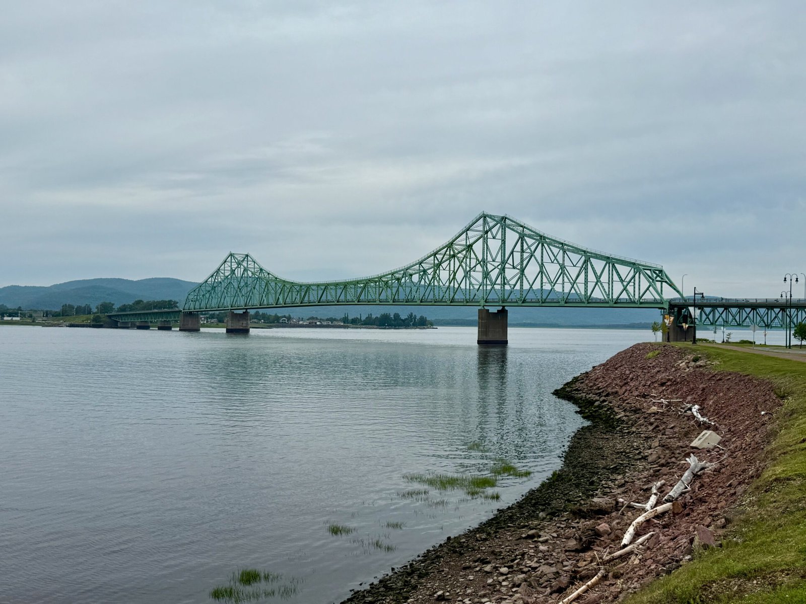 J.C. Van Horne Bridge over the Restigouche River, seen during fossil hunting Campbellton trip at low tide.