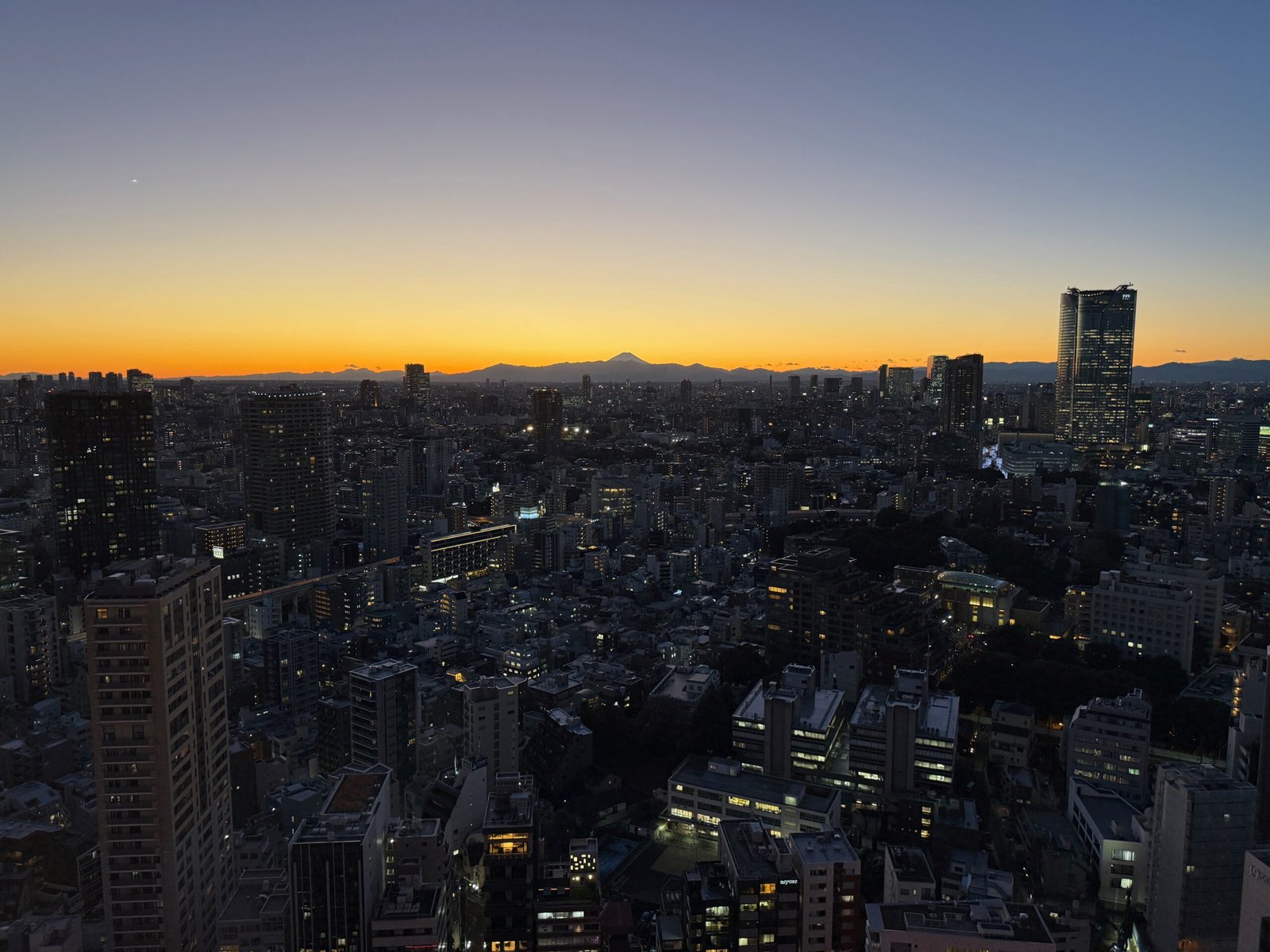 Post-sunset view from the Tokyo Tower observation deck showing Tokyo’s skyline at twilight with Mount Fuji silhouetted in the distance.
