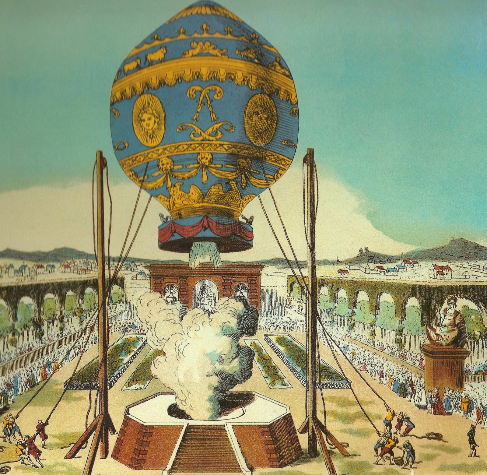 llustration of the Montgolfier brothers’ first manned hot air balloon tethered flight in Paris, October 19, 1783, marking the beginning of human flight centuries before Cappadocia hot air balloons.