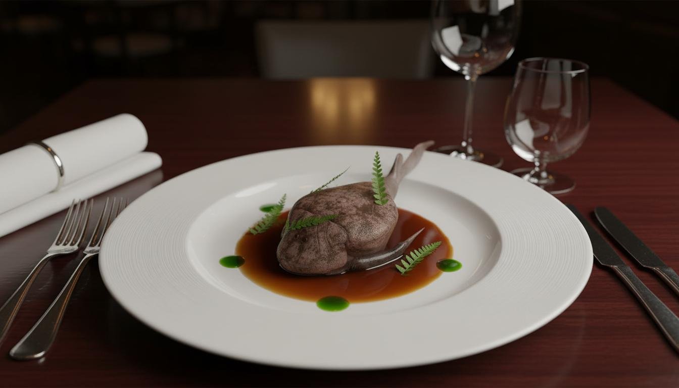 A plated dish of stewed Bothriolepis, an extinct armoured fish, with fern garnish from the Devonian Cookbook.