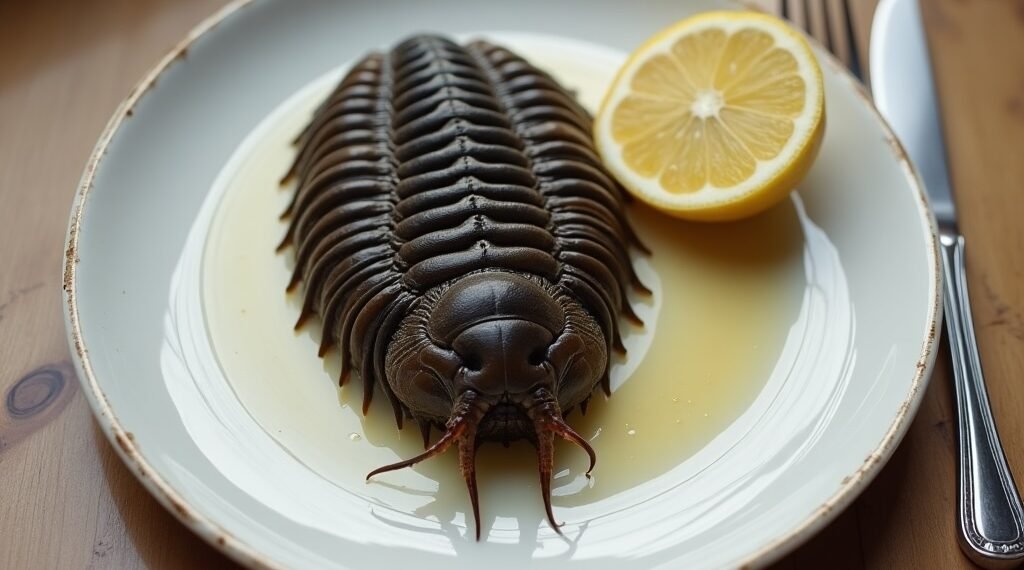 A plated trilobite styled as a prehistoric entrée from the Devonian Cookbook, with lemon wedge, knife, and fork.