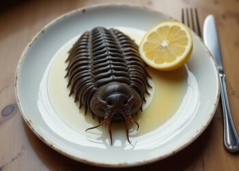 A plated trilobite styled as a prehistoric entrée from the Devonian Cookbook, with lemon wedge, knife, and fork.