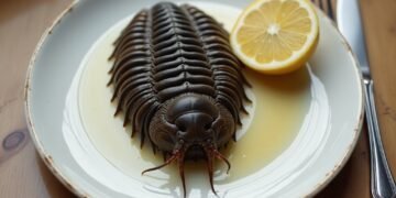 A plated trilobite styled as a prehistoric entrée from the Devonian Cookbook, with lemon wedge, knife, and fork.