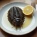 A plated trilobite styled as a prehistoric entrée from the Devonian Cookbook, with lemon wedge, knife, and fork.
